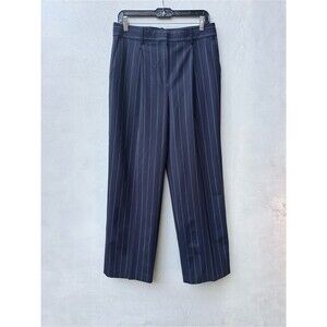 Theory Womens Navy Pinstripe Wool Blend Dress Pants High Rise Wide Leg Size 6